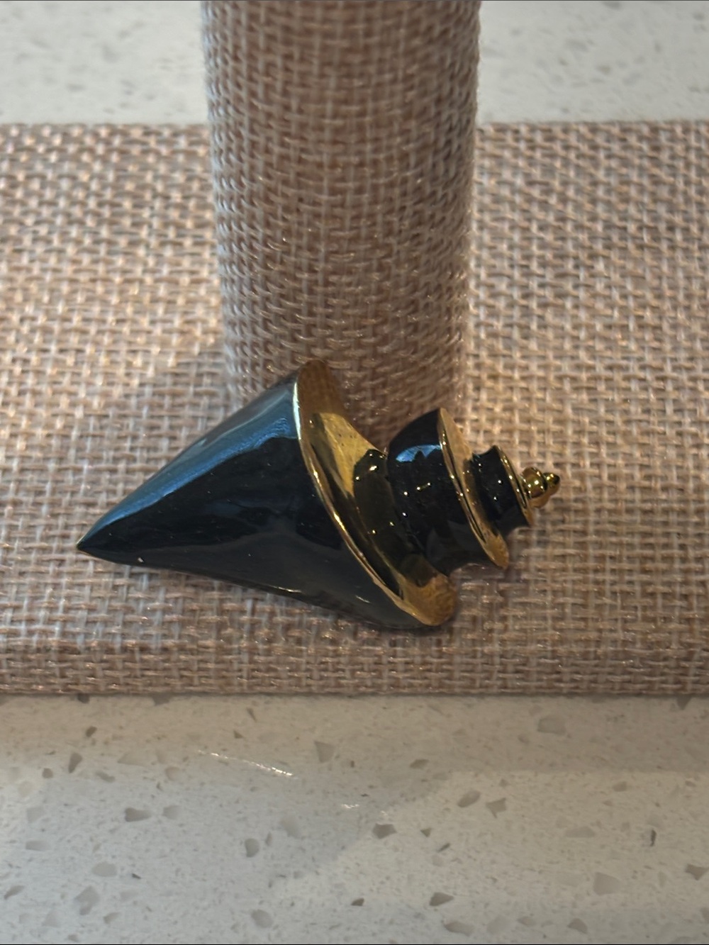 Vintage 1980s Modernist Geometric Brooch Pin Black Enamel Gold Tone Stepped Cone